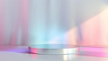 AI generated 3D render of a podium with holographic light effects, a pink and blue gradient background. In the futuristic style, soft lighting, pastel colors, a minimalistic design, a shiny surface. photo