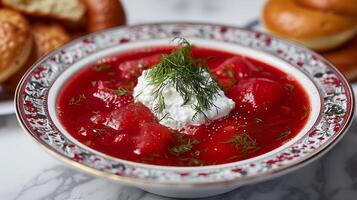 AI generated Borscht with sour cream and dill in a plate. Nearby there are donuts and lard. Generated by artificial intelligence. photo