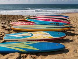 AI generated Close up image of a row of surfing boards with the background of beach and sea waves photo