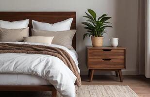 AI generated A bed with white pillow and blanket with a decorative plant on wooden nightstand photo