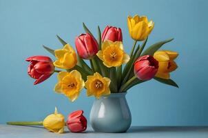 AI generated colorful tulips flower and daffodils isolated on light blue background with copy space photo