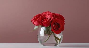 ai generado Rosa flor en un transparente vaso florero en blanco mesa en frente de ligero rojo antecedentes foto