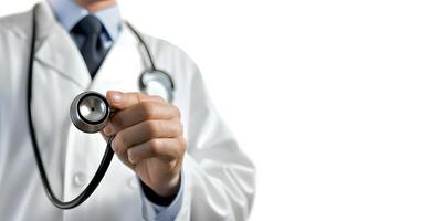 ai generado médico médico en un blanco antecedentes vistiendo estetoscopio foto