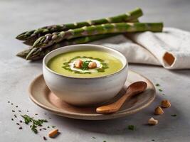 AI generated Hot asparagus soup served on a white bowl isolated on white background with copy space photo