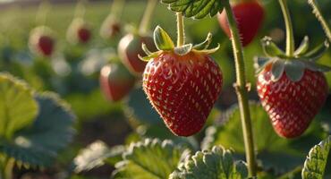 AI generated Close up image of strawberry hanging on a tree in a farm field in the morning with sunshine photo