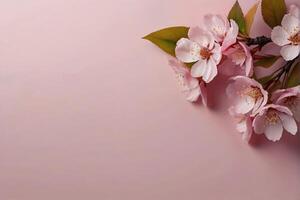 AI generated pink background of sakura flower on the side with copy space photo