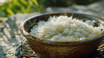 ai generado un cuenco de recién cocido arroz es en el mesa. generado por artificial inteligencia. foto