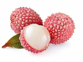 ai generado un lychee Fruta con un blanco centrar y verde hojas foto