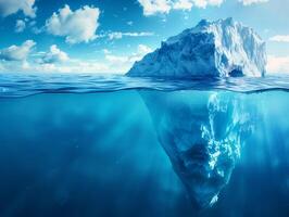 AI generated iceberg floating in the ocean with clouds and sun photo