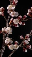 tempo periodo di il fioritura di bianca petali di un' albicocca fiore su nero sfondo. primavera tempo periodo di apertura bellissimo fiori su rami albicocca albero. macro sparo, verticale filmato. video