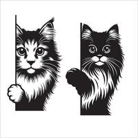 AI generated Peeking Norwegian Forest cat illustration in black and white vector