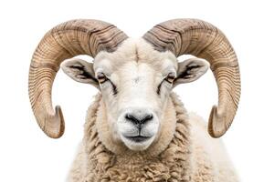 AI generated Portrait of a majestic ram with large horns isolated on white background photo