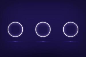 Three Bright Glowing Rings on blue background with reflection on floor. Neon lighting banner template. Perfect for app, web design, webpages, banners, cards, backgrounds, template. Vector. EPS 10 vector