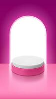 Cylindrical platform for product or product presentation against a pink wall with an arch-shaped window. Vector realistic banner template. Vertical minimalistic 3d illustration.