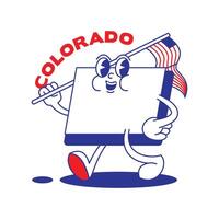 Colorado estado retro mascota con mano y pie acortar Arte. Estados Unidos mapa retro dibujos animados pegatinas con gracioso cómic caracteres y enguantado manos. vector modelo para sitio web, diseño, cubrir, infografía.