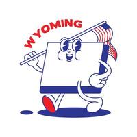 Wyoming estado retro mascota con mano y pie acortar Arte. Estados Unidos mapa retro dibujos animados pegatinas con gracioso cómic caracteres y enguantado manos. vector modelo para sitio web, diseño, cubrir, infografía.