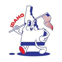 Idaho estado retro mascota con mano y pie acortar Arte. Estados Unidos mapa retro dibujos animados pegatinas con gracioso cómic caracteres y enguantado manos. vector modelo para sitio web, diseño, cubrir, infografía.