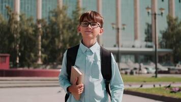 Online education, Back to school, Happy schoolboy, Learn lessons. Schoolboy with backpack comes back from school holding textbook in hand video