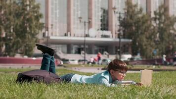 online opleiding, terug naar school, gelukkig schooljongen, leren lessen. elegant schooljongen lezing een leerboek terwijl aan het liegen Aan de gras in de buurt de school- in de zomer video