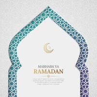 marhabá ya Ramadán kareem saludo tarjeta con decorativo islámico arco y Arábica estilo modelo vector