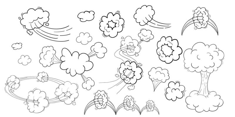 Comic motion effect, clouds speed way, trail set fast wind swirl, puff poof elements isolated on white background. Blow explosion. Vector illustration