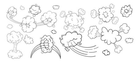 Comic motion effect, clouds speed way, trail set fast wind swirl, puff poof elements isolated on white background. Blow explosion. Vector illustration