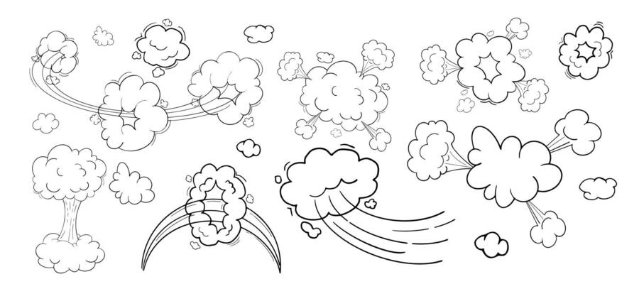 Comic motion effect, clouds speed way, trail set fast wind swirl, puff poof elements isolated on white background. Blow explosion. Vector illustration