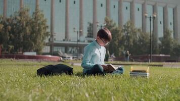 en línea educación, espalda a escuela, contento colegial, aprender lecciones colegial leyendo un libro mientras sentado en el césped cerca el colegio video