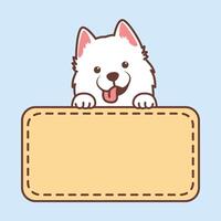 Funny samoyed puppy with frame border template cartoon, vector illustration