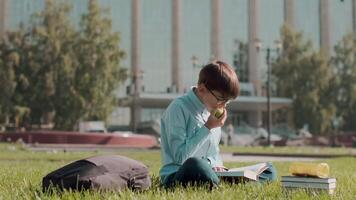 Online education, Back to school, Happy schoolboy, Learn lessons. Schoolboy teaches lessons while sitting on the grass near the school and eats an apple video