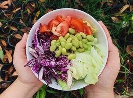 Fresco vegetal ensalada en un cuenco con mano. sano comida concepto. foto