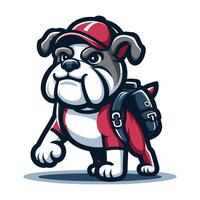 ai generado linda dibujos animados buldog perrito con mochila y sombrero mascota personaje diseño vector, logo modelo aislado en blanco antecedentes vector