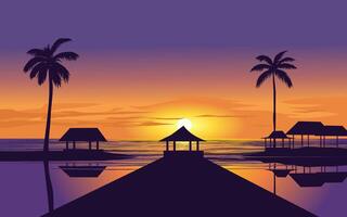 Amazing sunset in beautiful beach with palm trees and resor vector