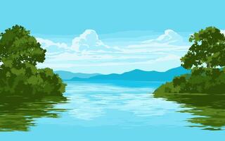 Beautiful lake at sunny day with trees and mountains vector