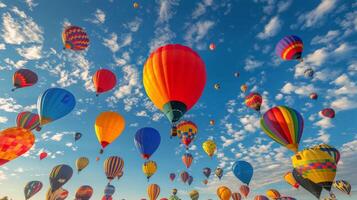 ai generado vistoso caliente aire globos volador en el cielo foto