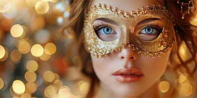 AI generated Woman Wearing Gold Mask With Blue Eyes photo