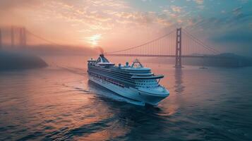 AI generated Cruise Ship Sailing Near Bridge photo