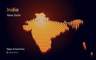 3D Gold Vector Map of India a Circle Spiral Pattern with a Capital of New Delhi