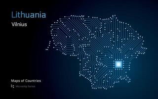 Lithuania Map with a capital of Vilnius Shown in a Microchip Pattern. E-government. World Countries vector maps. Microchip Series