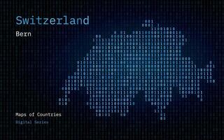 Switzerland Map Shown in Binary Code Pattern. TSMC. Blue Matrix numbers, zero, one. World Countries Vector Maps. Digital Series
