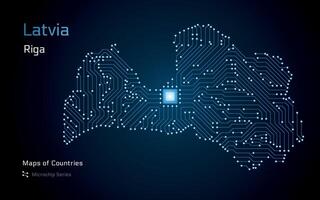 Latvia Map with a capital of Riga Shown in a Microchip Pattern. E-government. World Countries vector maps. Microchip Series