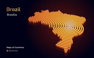3D Gold Vector Map of Brazil in a Circle Spiral Pattern with a Capital of Brasilia.