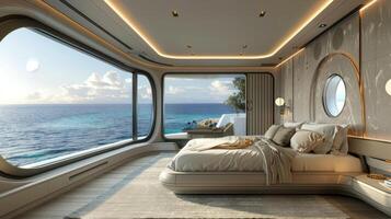 ai generado dormitorio con grande ventana con vista a Oceano foto