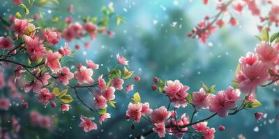 AI generated Branch With Pink Flowers in the Rain photo