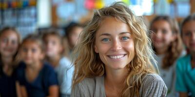 AI generated Young Girl Sitting at a Table in a Classroom photo