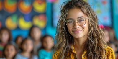 AI generated Young Girl Sitting at a Table in a Classroom photo