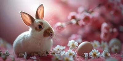ai generado blanco Conejo sentado en parte superior de un cama de flores foto