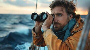 AI generated Man Looking Through Binoculars on a Boat photo