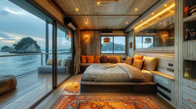 AI generated Bedroom With Large Window Overlooking the Ocean photo