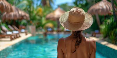 ai generado mujer en sombrero en pie por piscina foto